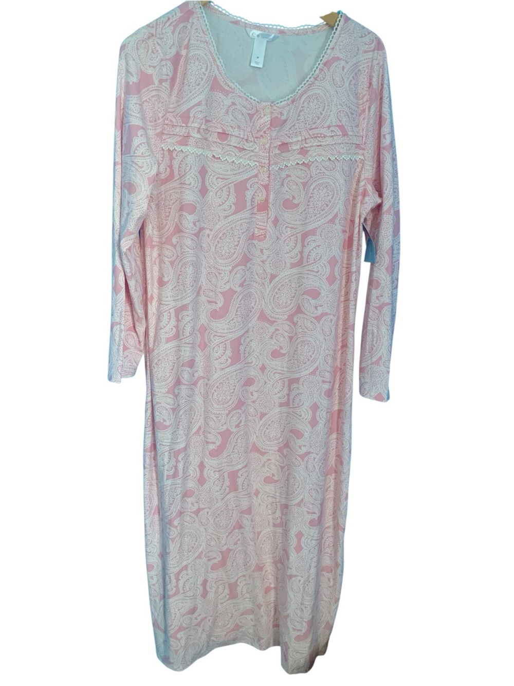 Madonna Sleepwear Pink Rose Dream Lace Trim Soft Long Sleeve Nightgown NWT M